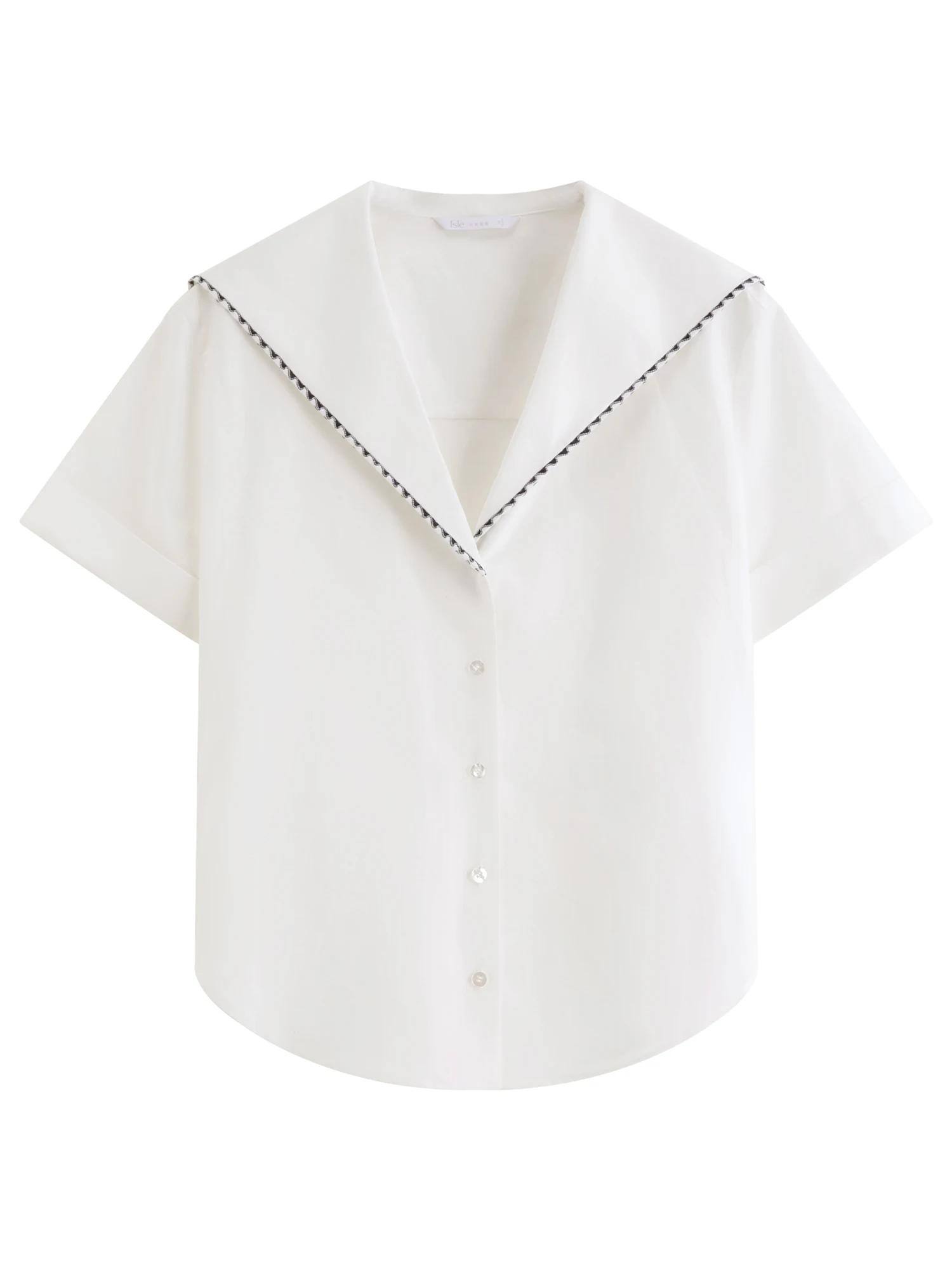 Chemisier à col marin brodé FSLE 2026 pour femme, manches courtes, style preppy boutonné, pour un lo