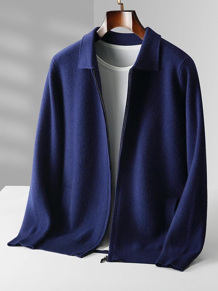 Pull à col rabattu en laine mérinos pour hommes avec fermeture éclair, manteau cardigan, tricots en 
