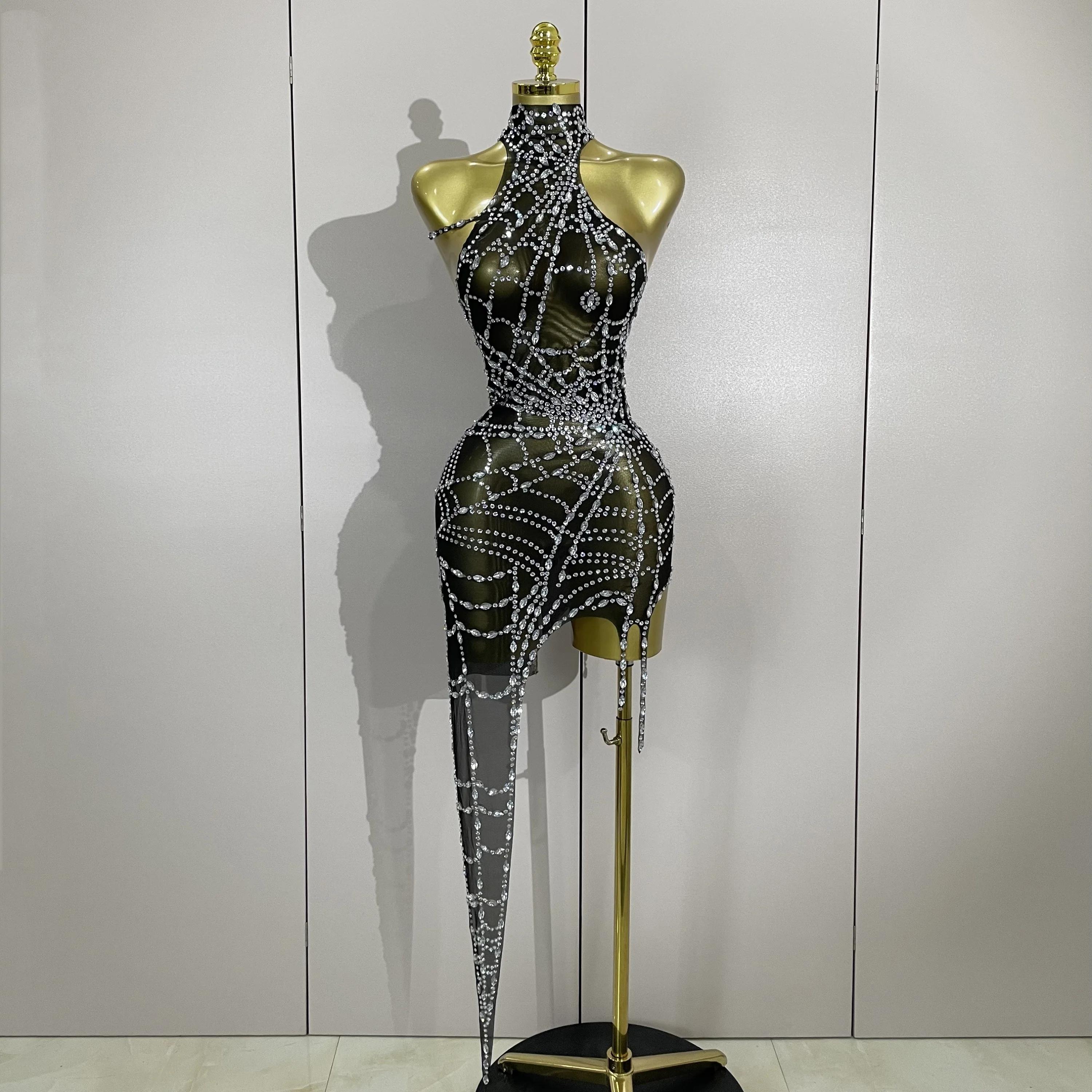 STOCK brillant diamant Sexy maille asymétrique moulante Mini robe femmes discothèque Bar fête specta