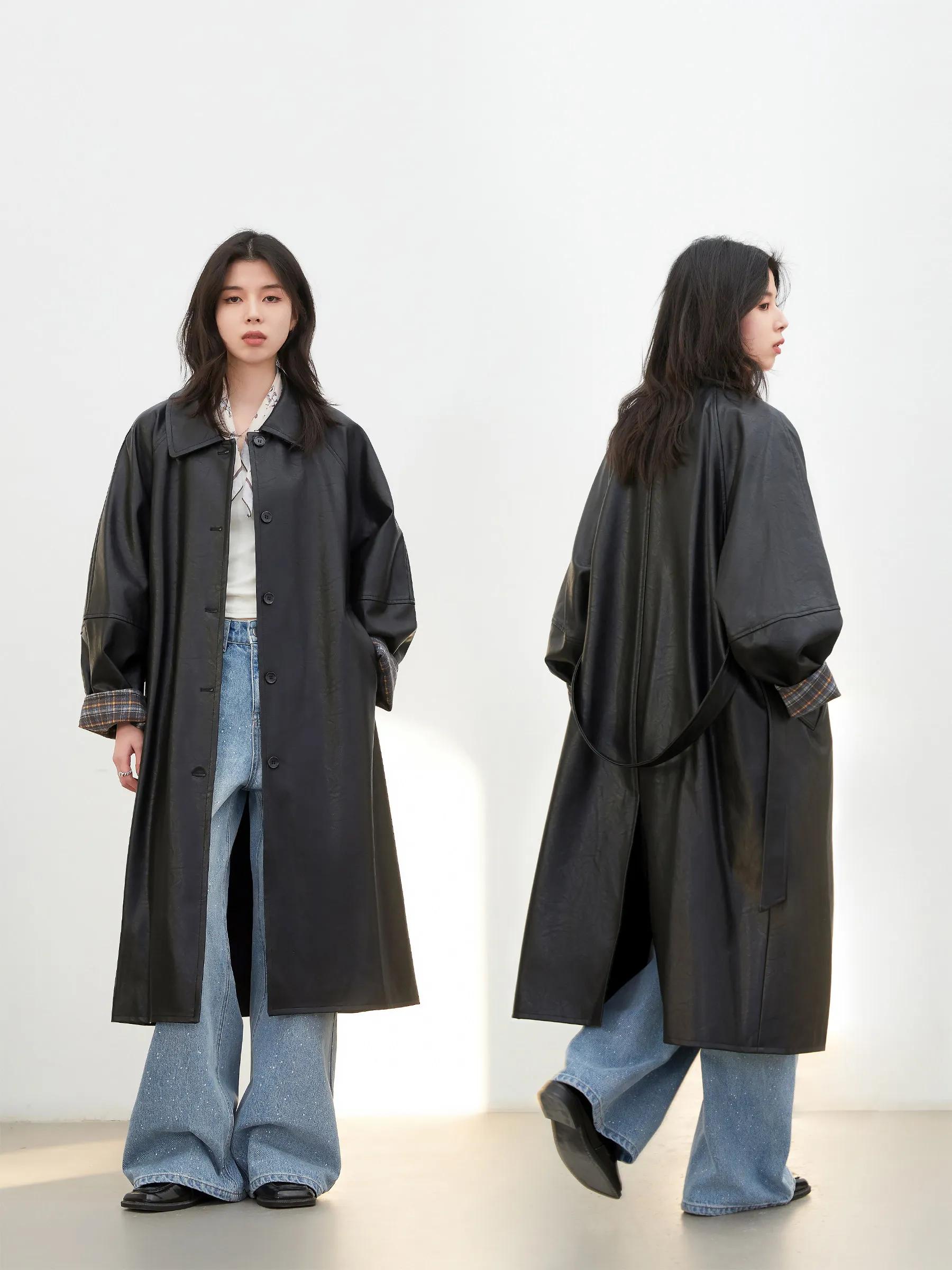 Manteau long en PU pour femme CHIC VEN, nouveau modèle décontracté avec ceinture, en similicuir, cou