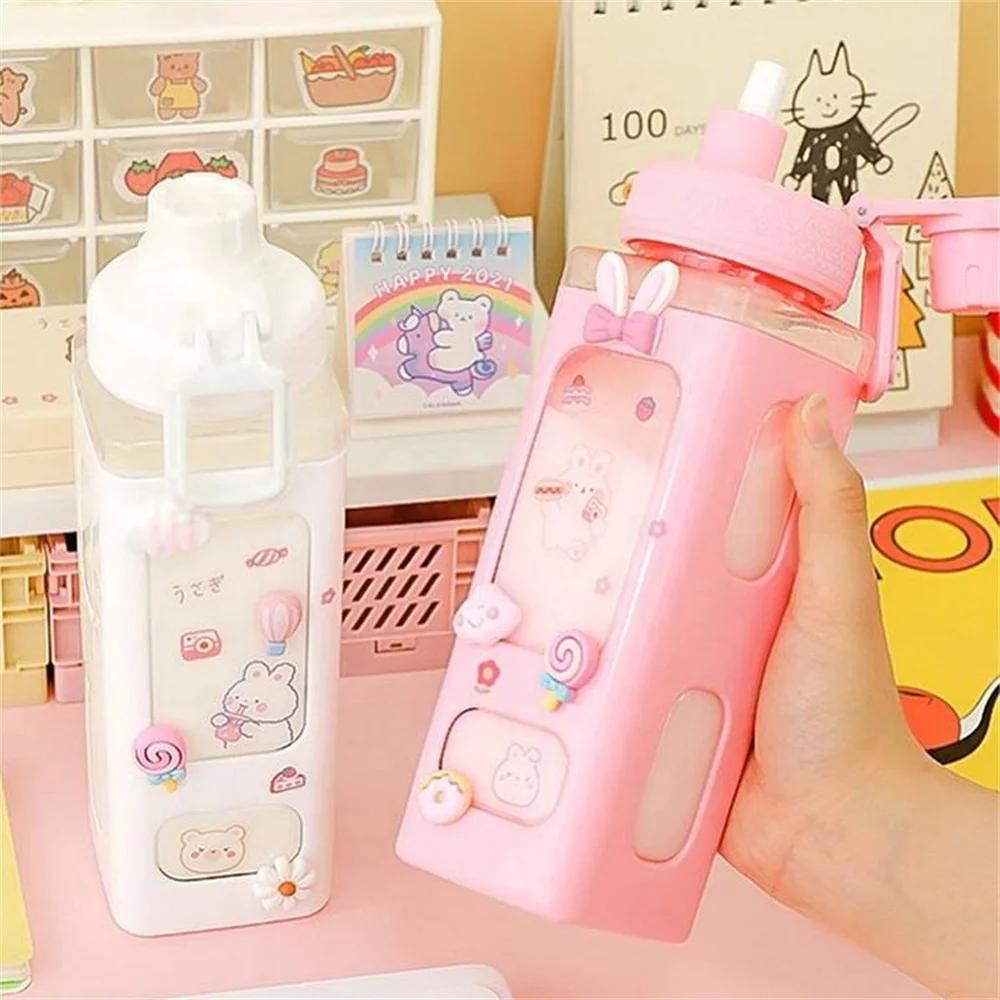 Bouteille d'eau Shaker Kawaii avec autocollant de paille, bouteille de boisson Portable en plastique