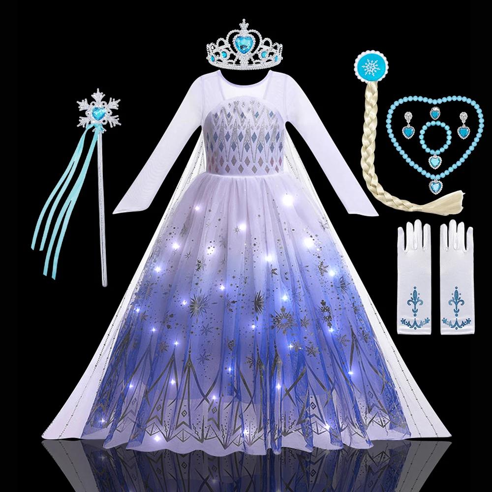 Costume de reine des neiges lumineux à LED pour enfants, Elsa, fête d'anniversaire, princesse de lux