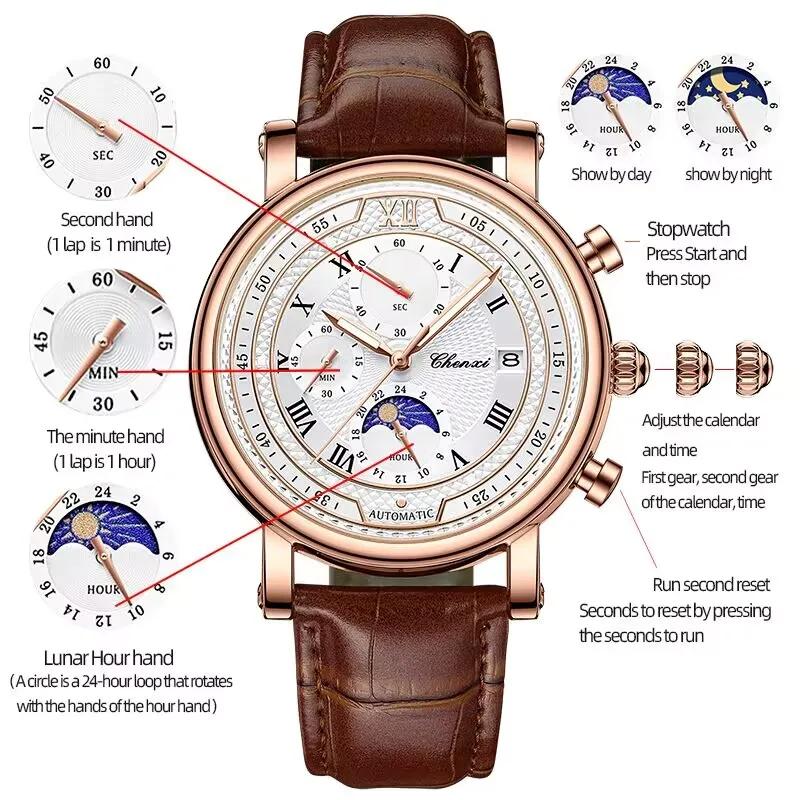 Chenxi 976 cuir chronographe Date hommes Phase de la lune chronométrage affaires lumineux montre à Q