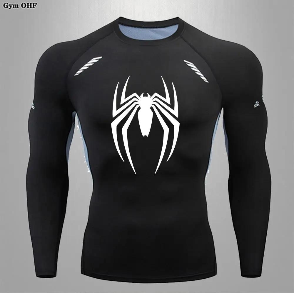 T-shirt compression imprimé Spider pour hommes - Rashguard manches courtes MMA et musculation