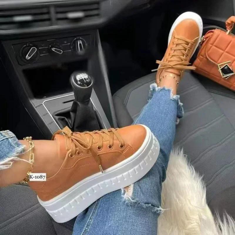 Baskets légères à plateforme en cuir PU pour femmes, chaussures de sport à tête ronde, à lacets, vul