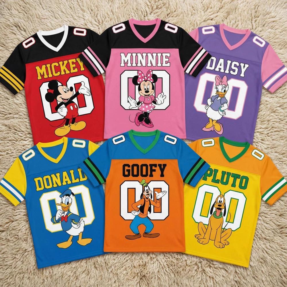 T-shirt de famille Disney pour hommes et femmes, vêtements de sport à col en v, amples, décontractés