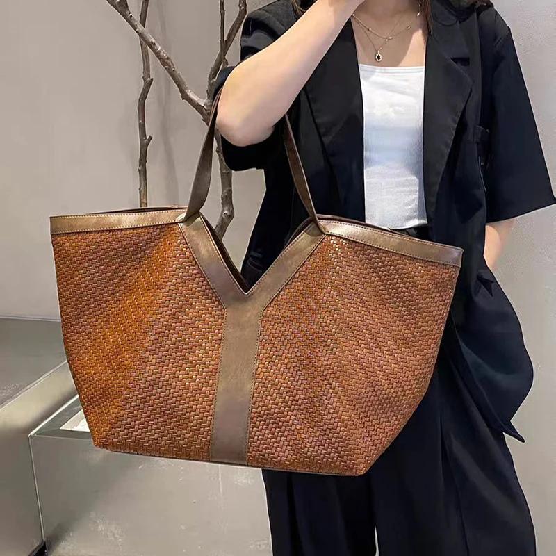 Sac à bandoulière tissé en forme de Y surdimensionné, style rétro européen et américain, grande capa