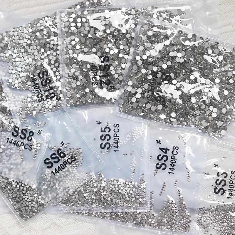 Sachet de 1440 pièces AB/clair rond mini diamant SS3-SS16(1.3-4mm) FlatBack Nail Non-Hotfix cristal 