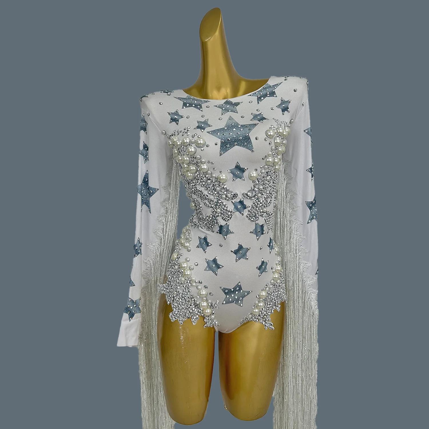 Justaucorps à Franges avec Strass et Grosses Perles pour Femme, Combinaison de Soirée à Long Pompon,