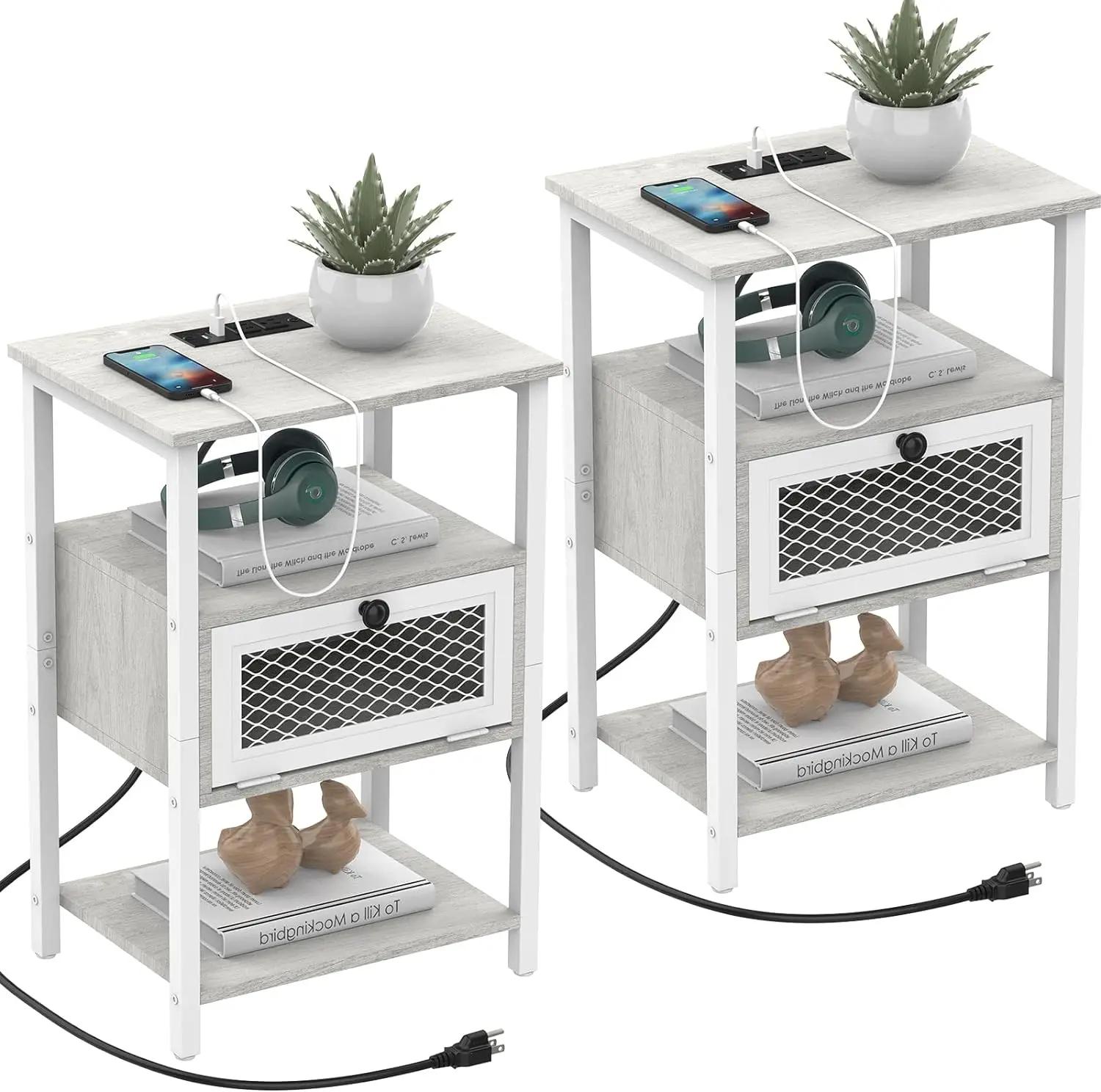 Ensemble de table de chevet avec station de charge, rangement à rabat, table de chevet pour chambre 