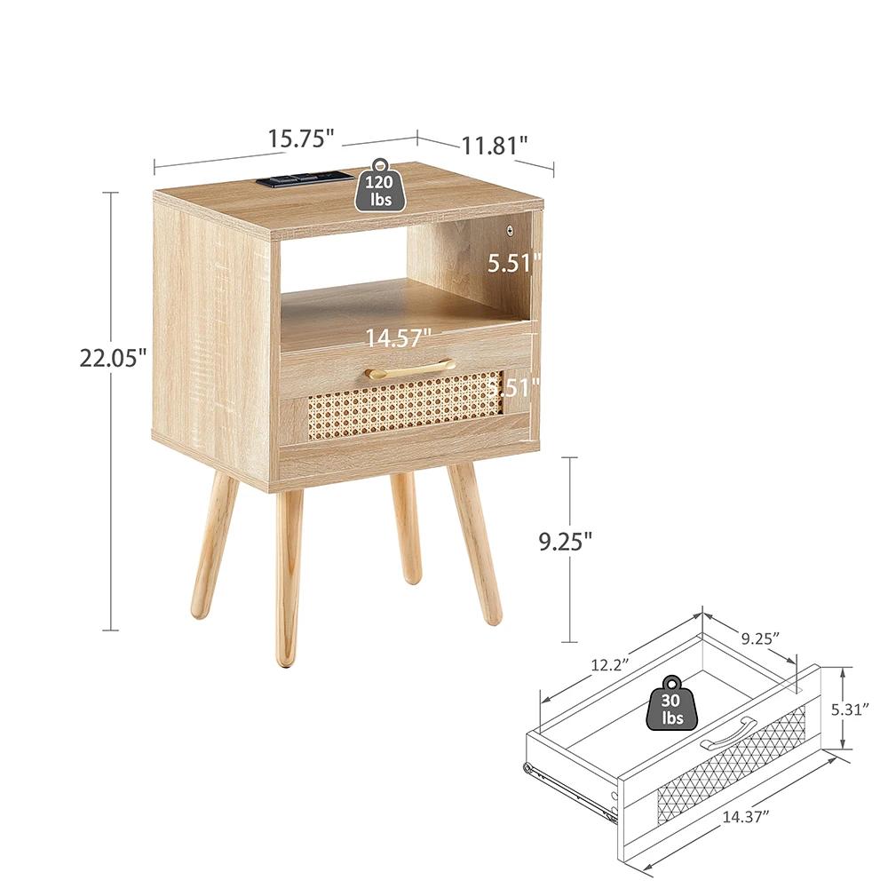 Table d'appoint en rotin avec prise de courant et ports USB, table de chevet moderne avec tiroir et 