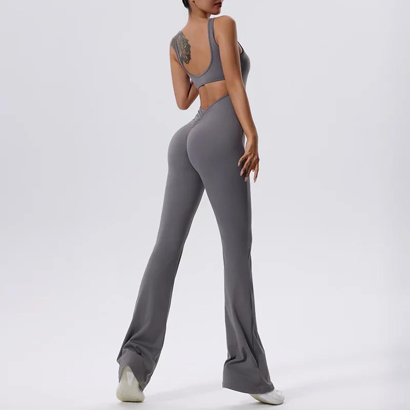 Combinaison de sport une pièce pour femme, dos en V froissé, pantalon évasé imbibé, barboteuses de f