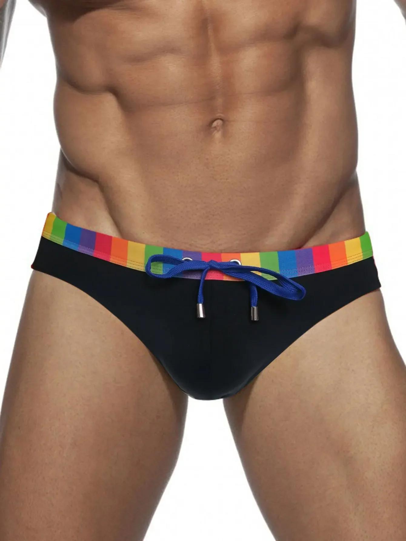 Maillot de bain à rayures arc-en-ciel pour homme, slip de bain sexy, poudres de contour, bikini, sho