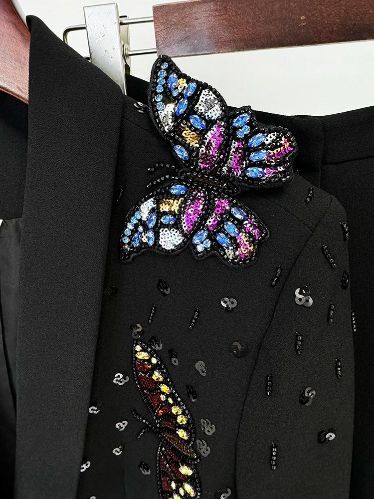 Blazer perlé papillon 3D pour femme, ensemble pantalon large, nouvelle mode, designer, piste trempée