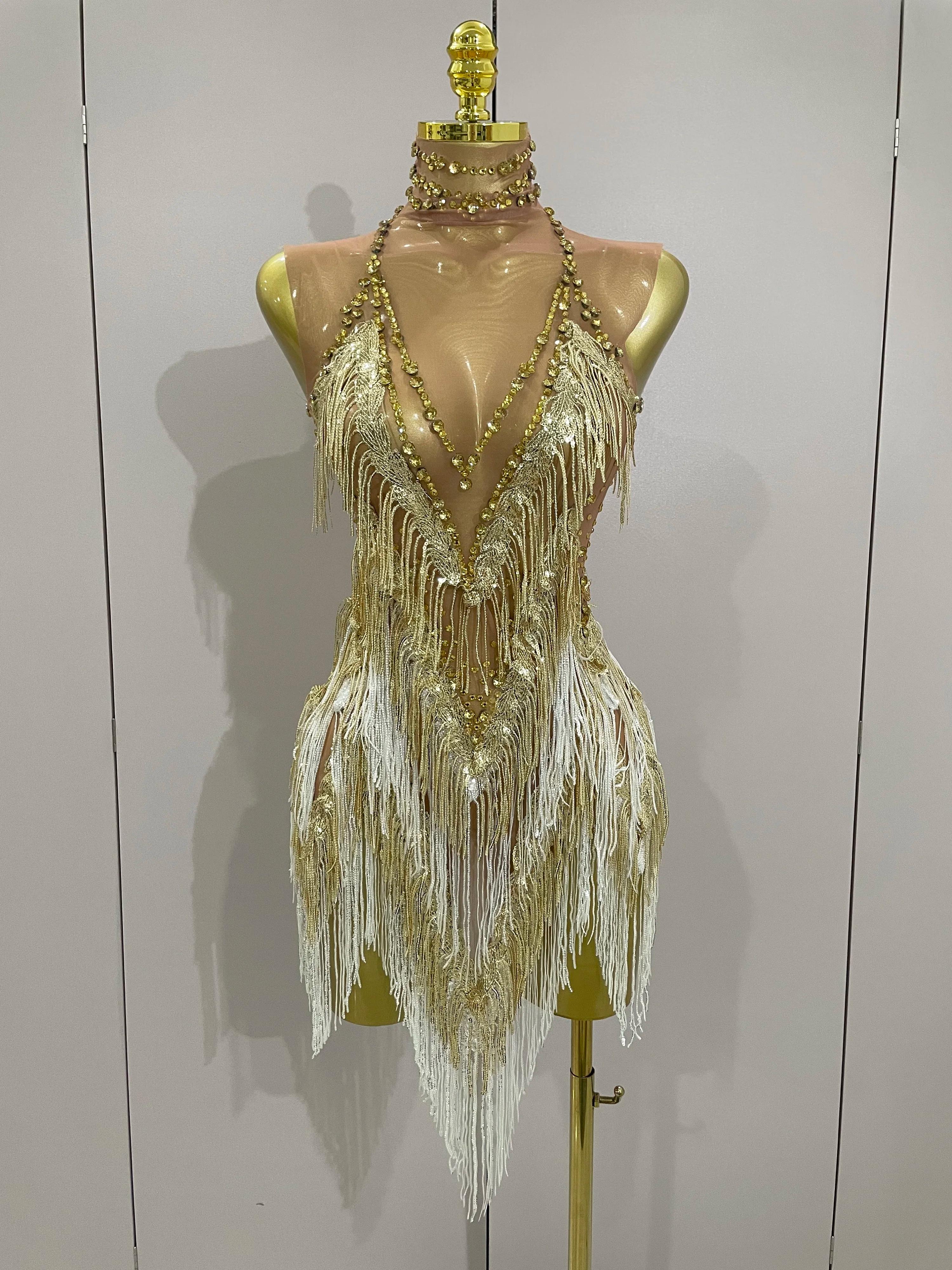 Stock 2025 femmes Sexy maille extensible brillant strass glands Mini robe discothèque chanteur danse