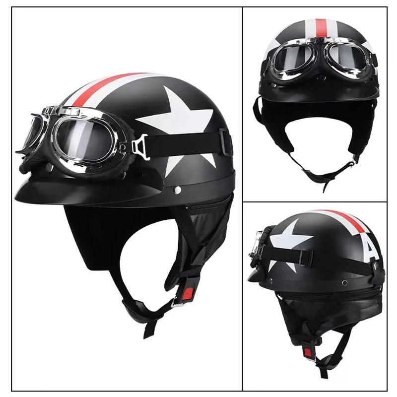 Casque de moto semi-ouvert rétro casque de moto et visière lunettes UV moto cross-country moto demi-