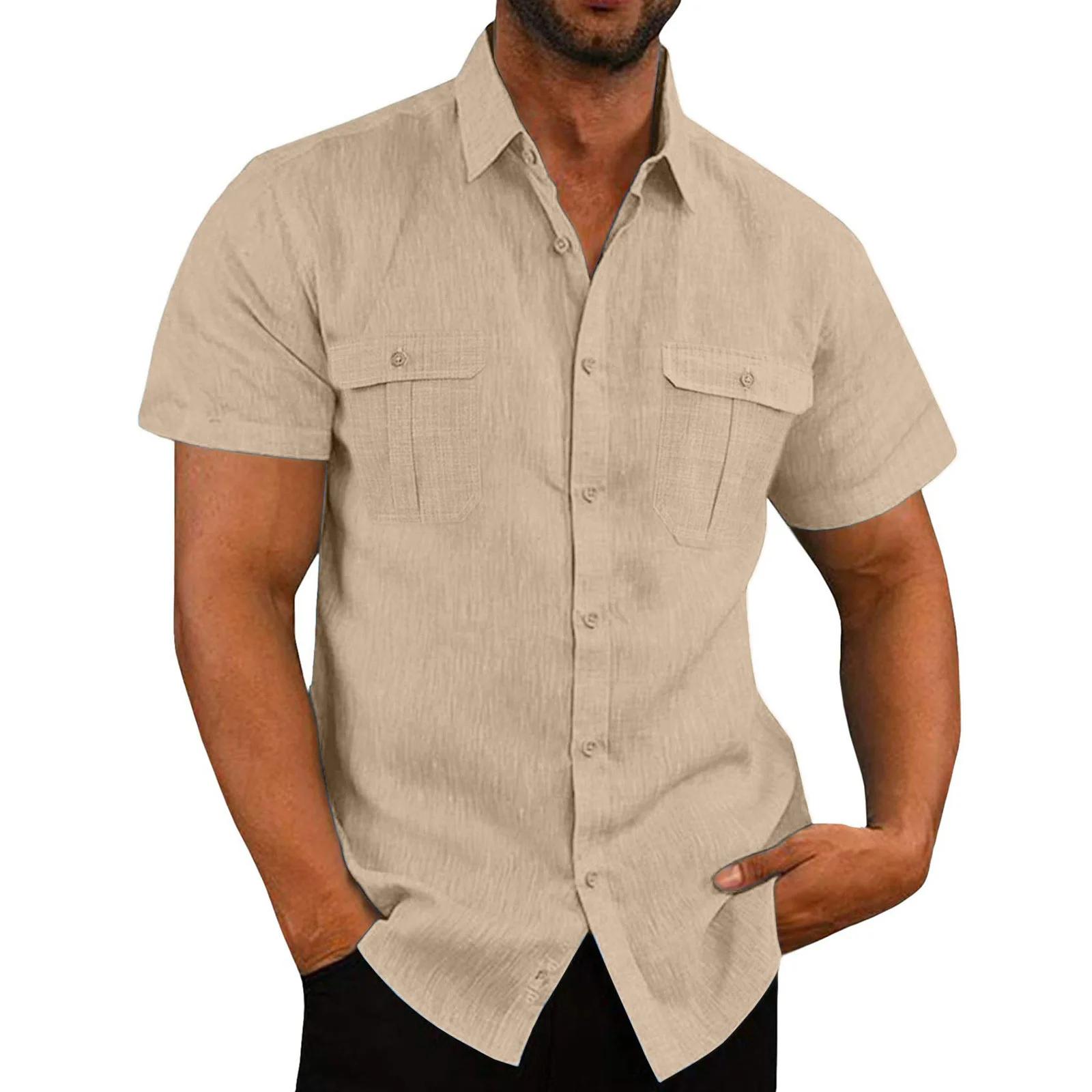 Chemises à manches courtes pour hommes en coton et lin, vente chaude, couleur unie, col confortable,