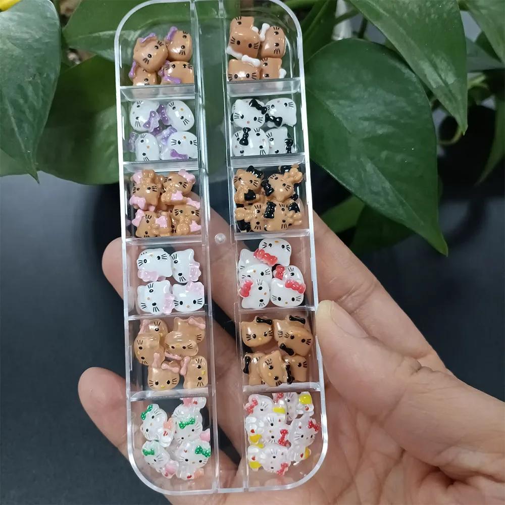 Boîte de 12 compartiments, Mini décorations d'ongles 3D Hello Kitty, Breloques pour nail art Y2K Haw