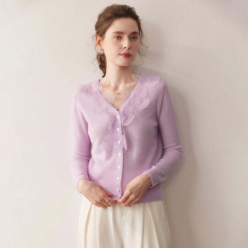 Cardigans de luxe en cachemire pour femmes, col en v, hauts en tricot, décontracté, motif feuilles,
