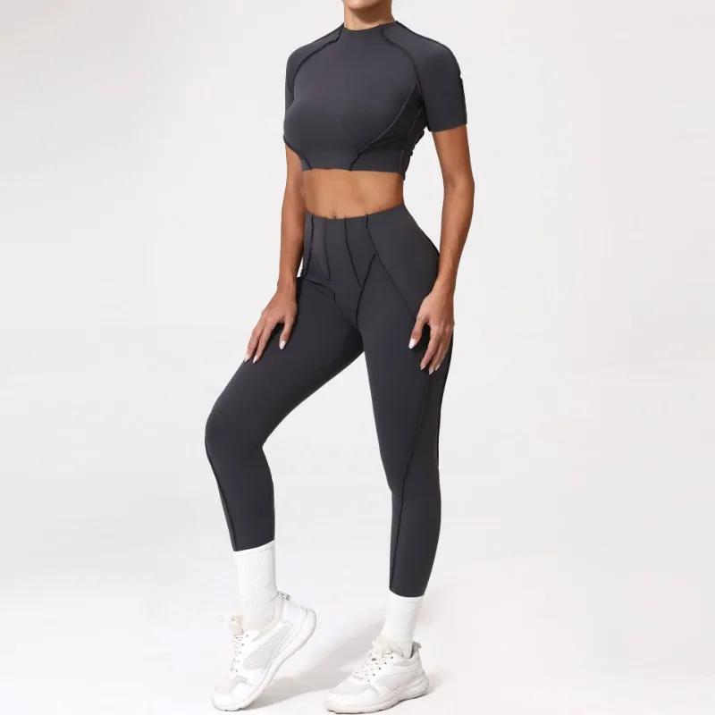 Combinaison yoga fitness femme - Haut manches courtes moulant pantalon levage hanches ensemble sport