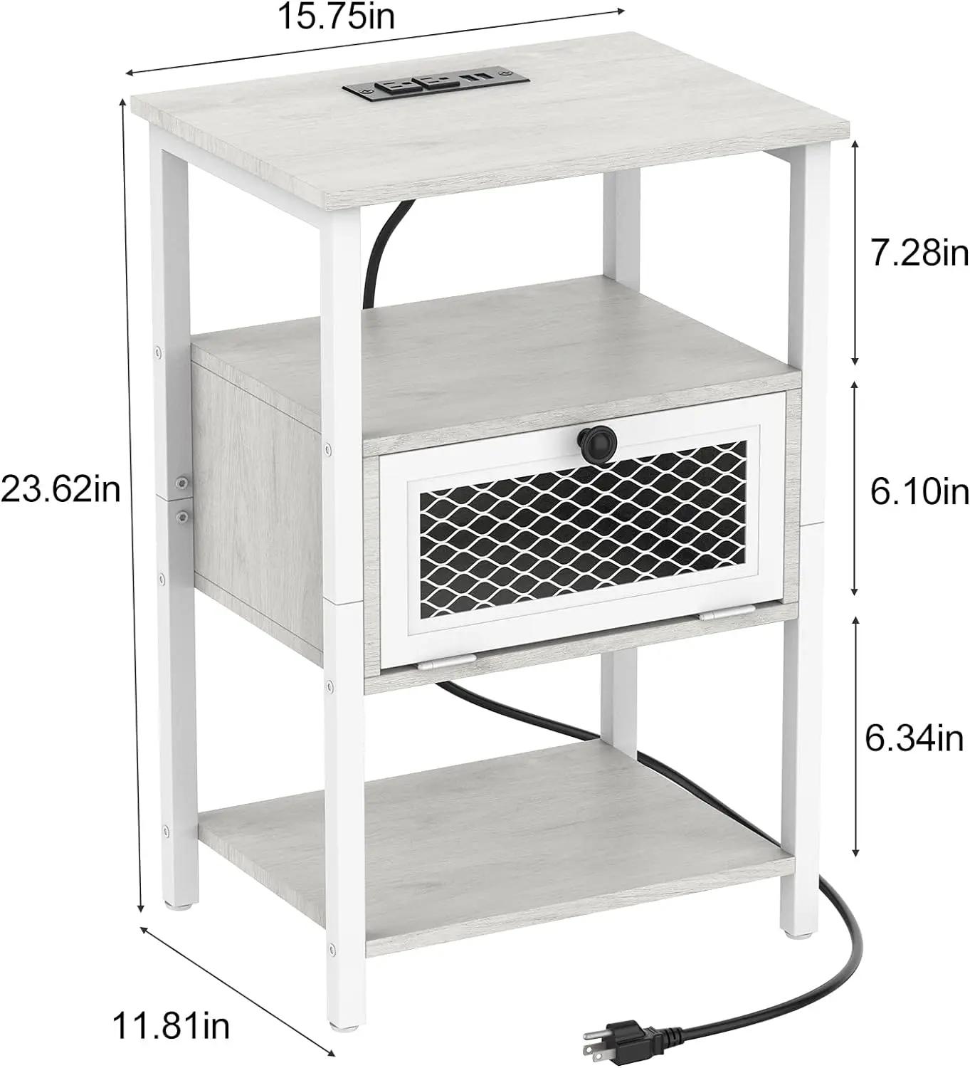 Ensemble de table de chevet avec station de charge, rangement à rabat, table de chevet pour chambre 