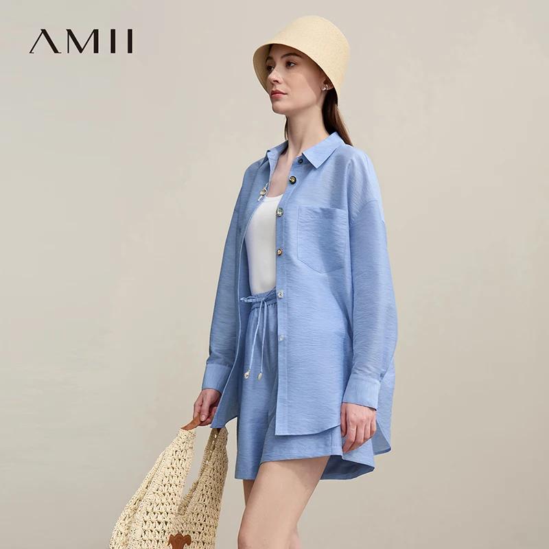 Chemisier Amii pour femme, nouvelle collection été 2026, col à revers, épaules tombantes, manches lo