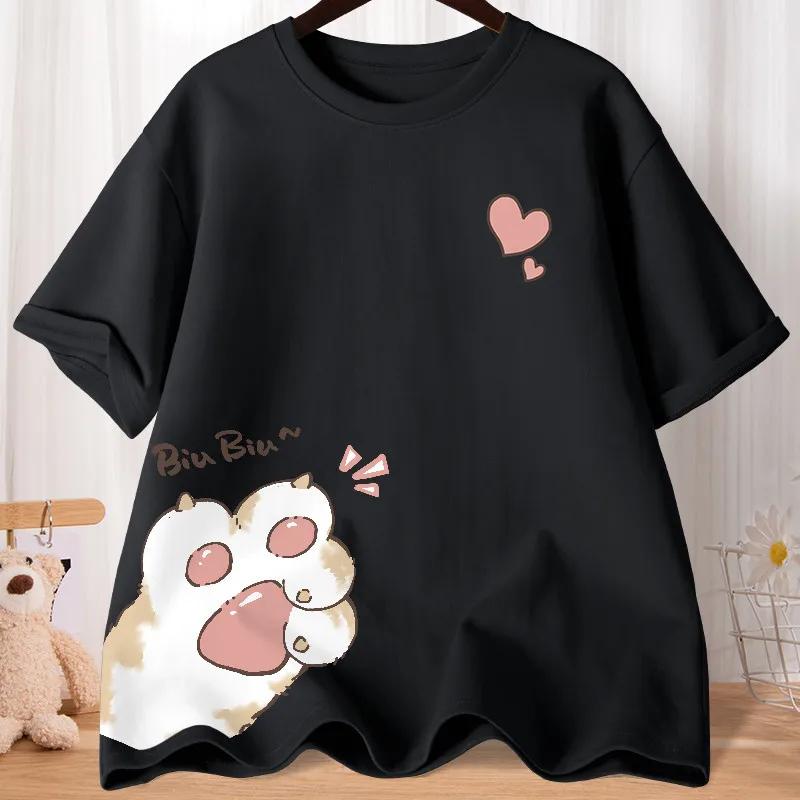 T-shirt à manches courtes pour femmes, ample, surdimensionné, avec griffe de chat douce, amour, impr