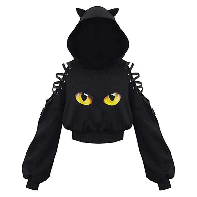 Y2k gothique femmes à capuche chat oreille haut court sweat à capuche évider à lacets à manches long