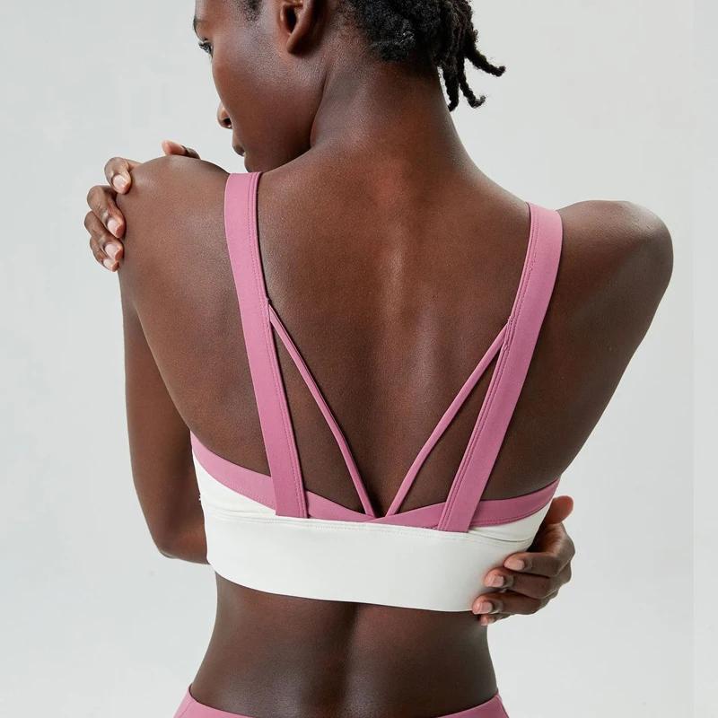 Soutien-gorge de sport pour femme, extensible, doux, sexy, dos croisé, crop top de gym, patchwork te