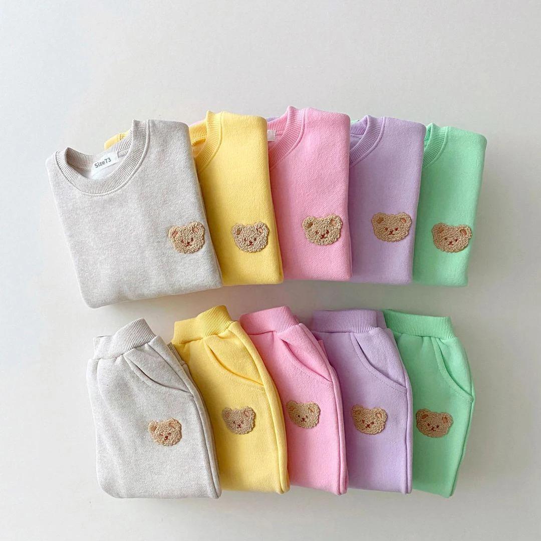 Ensemble de pull en polaire avec broderie d'ours pour fille de 1 à 5 ans, sweat-shirt + pantalon de 