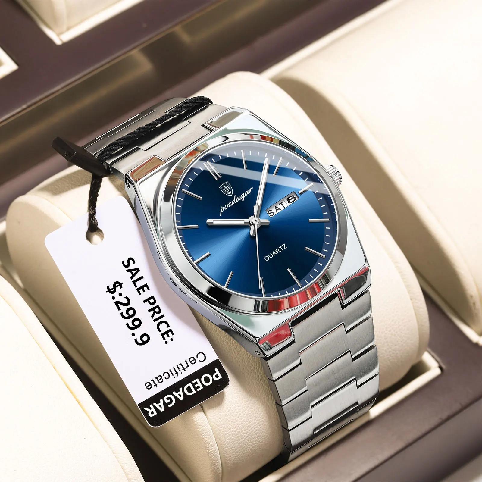 POEDAGAR montres de luxe pour hommes en acier inoxydable étanche lumineux homme montre Date semaine 