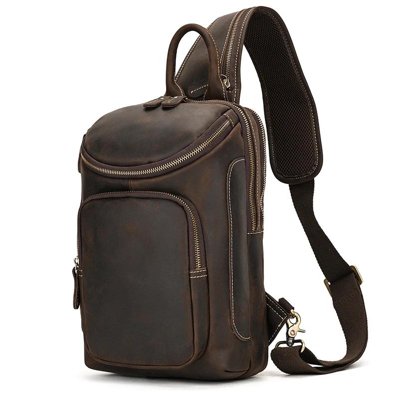 Sac de poitrine en cuir véritable pour homme, sac à bandoulière, sac à dos initié unique, sac de voy