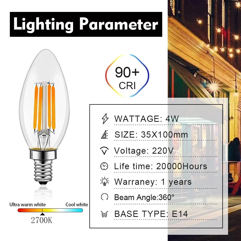 Ampoule Led à bougie C35 E14, Base de candélabre 4W 6W, ampoule Edison à intensité variable 2700K, b