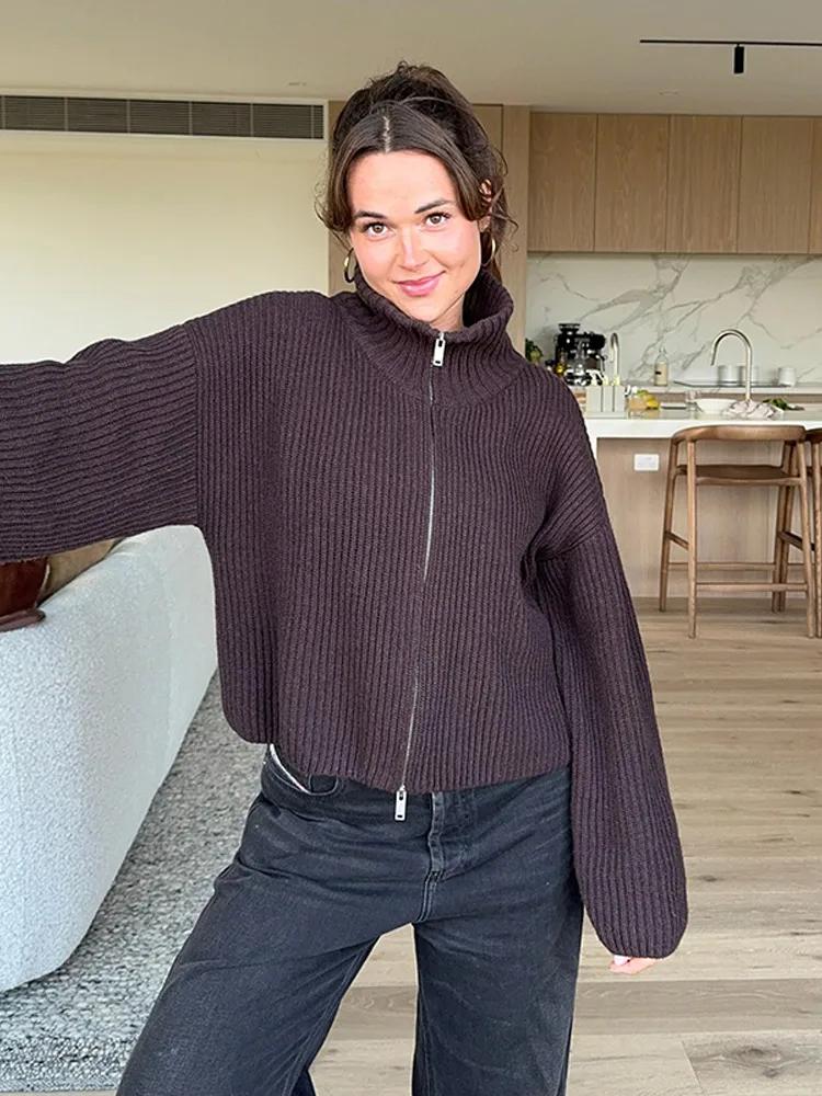 Cardigan décontracté en maille rayée pour femme, avec double fermeture éclair, manches longues, col 
