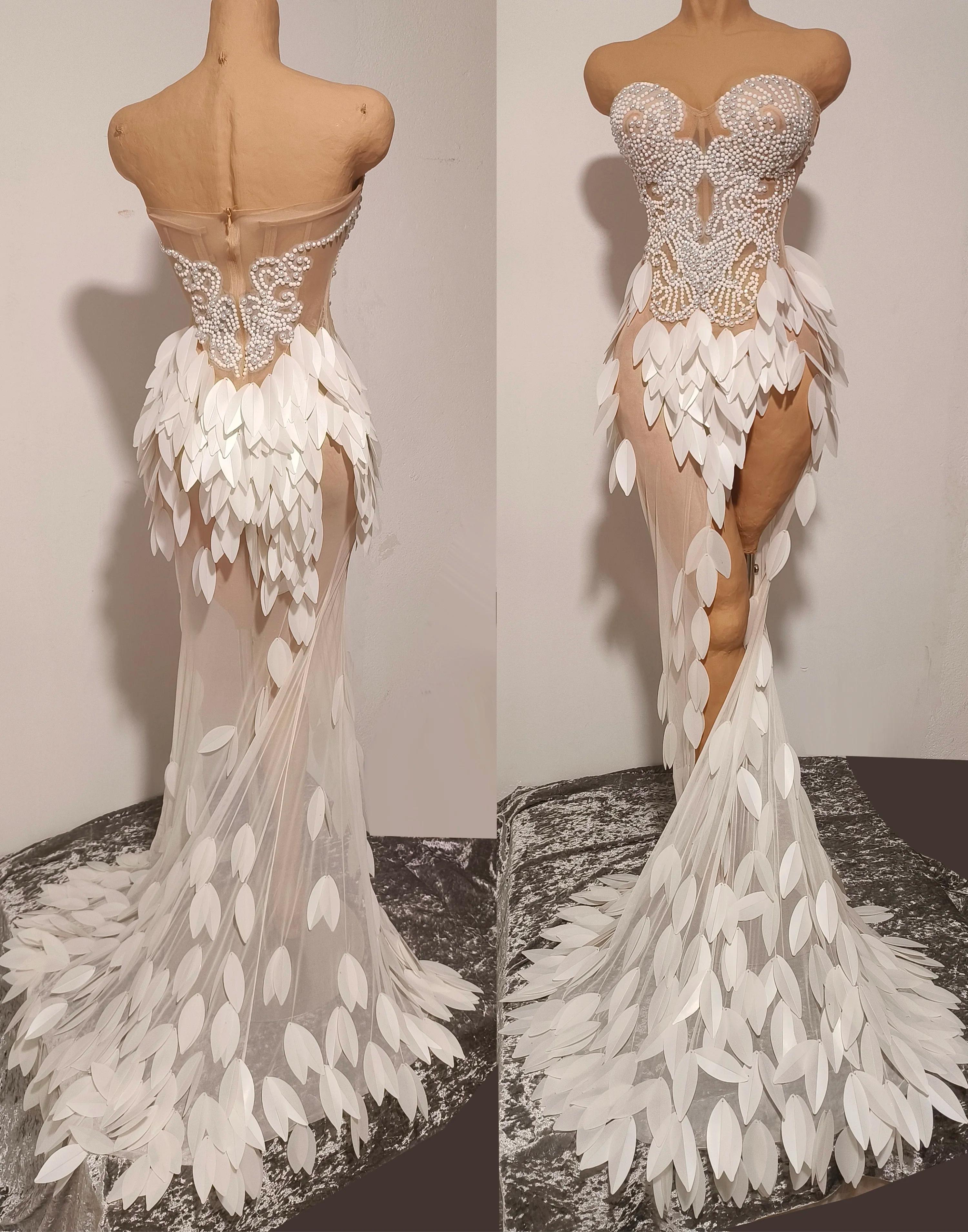 Robe Maxi transparente en maille sans bretelles, élégante, perles brillantes, pour femmes, fête d'an