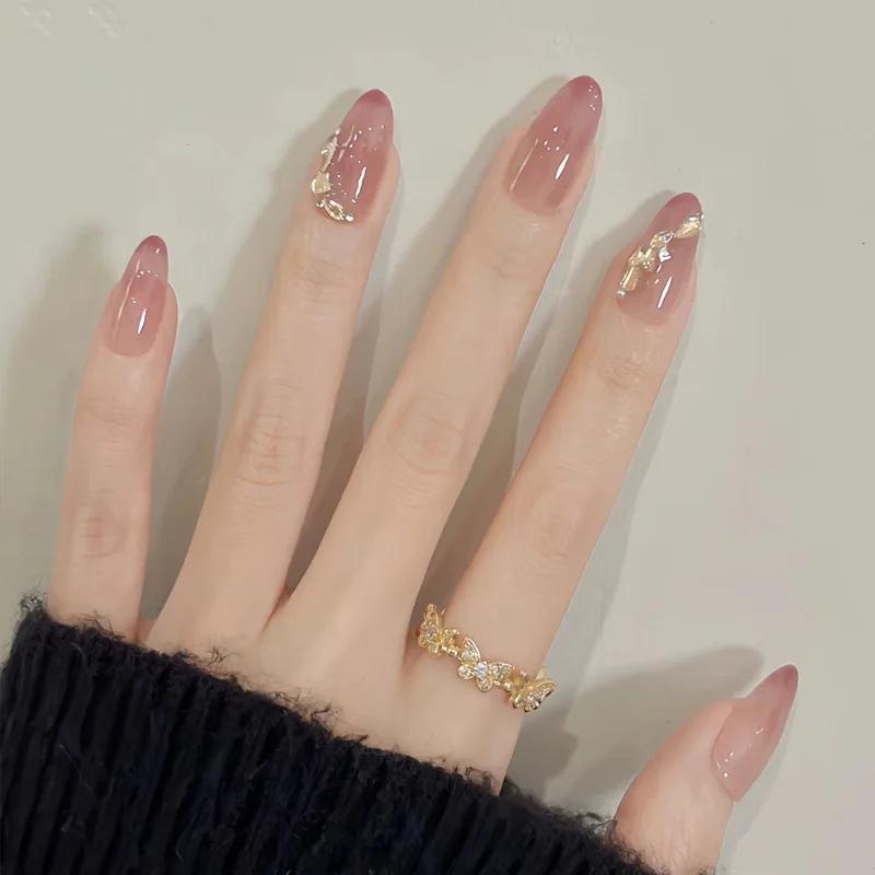 24 pièces amande Pure fait à la main presse sur les ongles couverture complète papillon français per