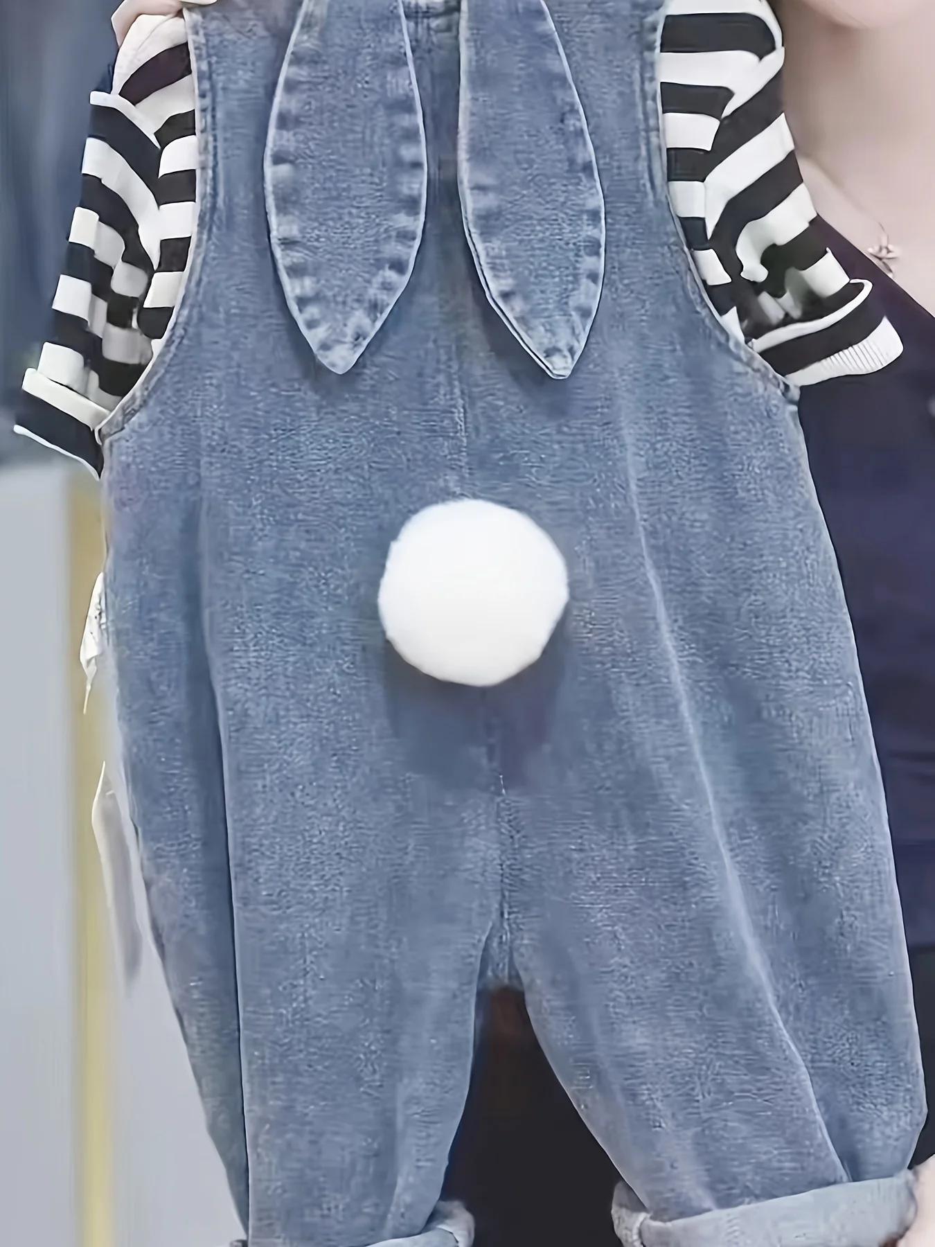 Pantalons cargo en denim pour enfants mignons avec détail d'oreille de lapin – Polyester élégant et 