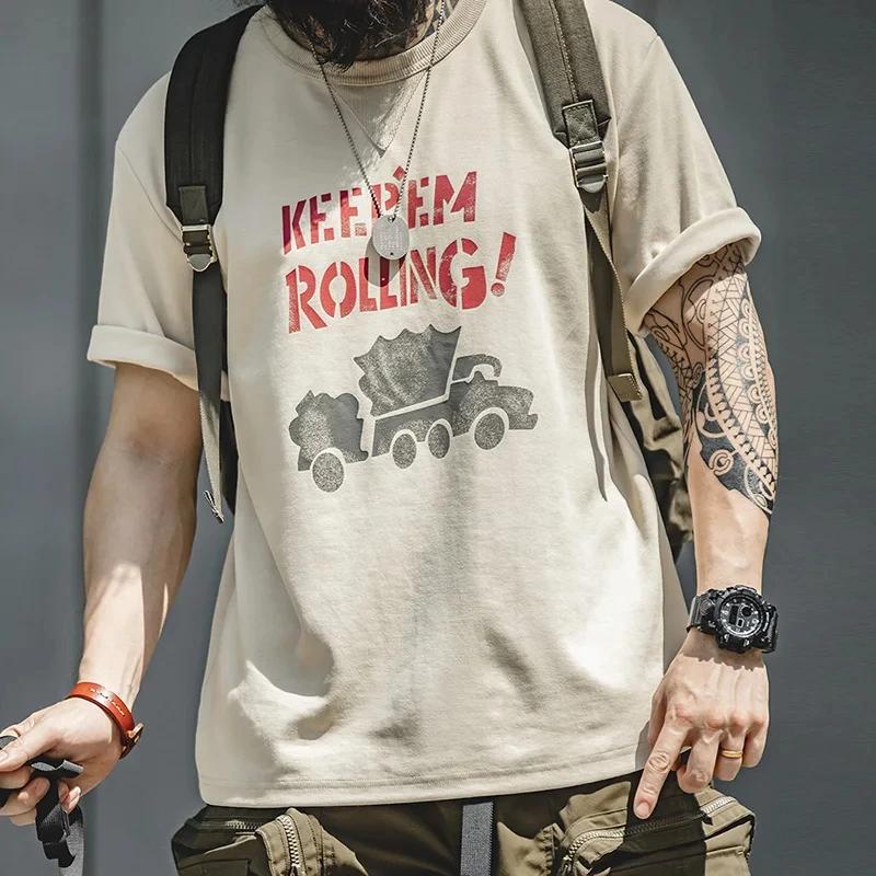 Maden Maden été hommes Beige manches courtes T-Shirts Vintage Graffiti lettre voiture impression T-S