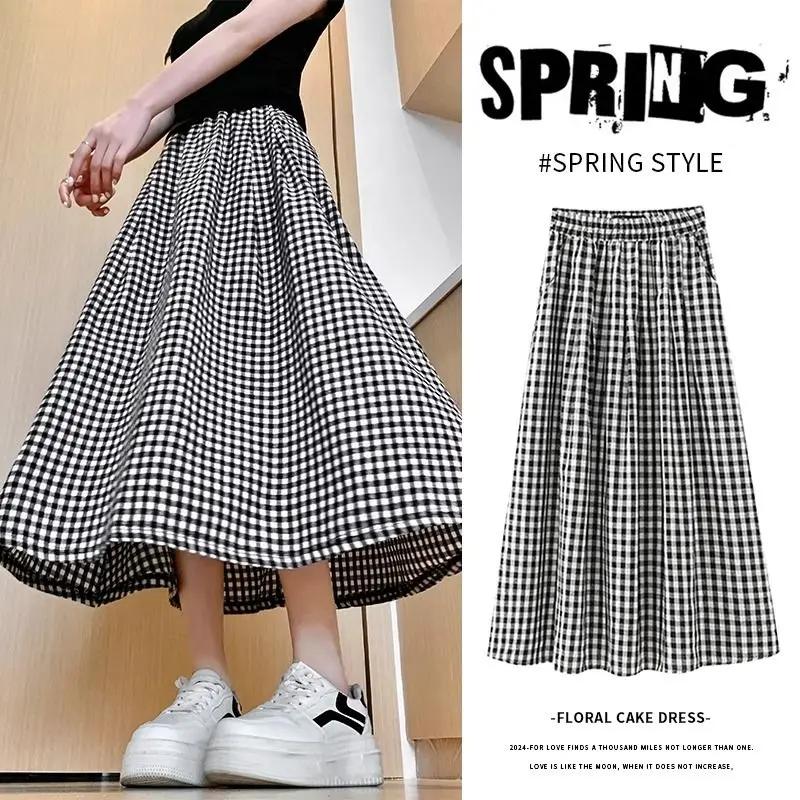 Jupe trapèze à carreaux noir et blanc pour femmes, légère, taille haute, longue, pour Petite, aminci