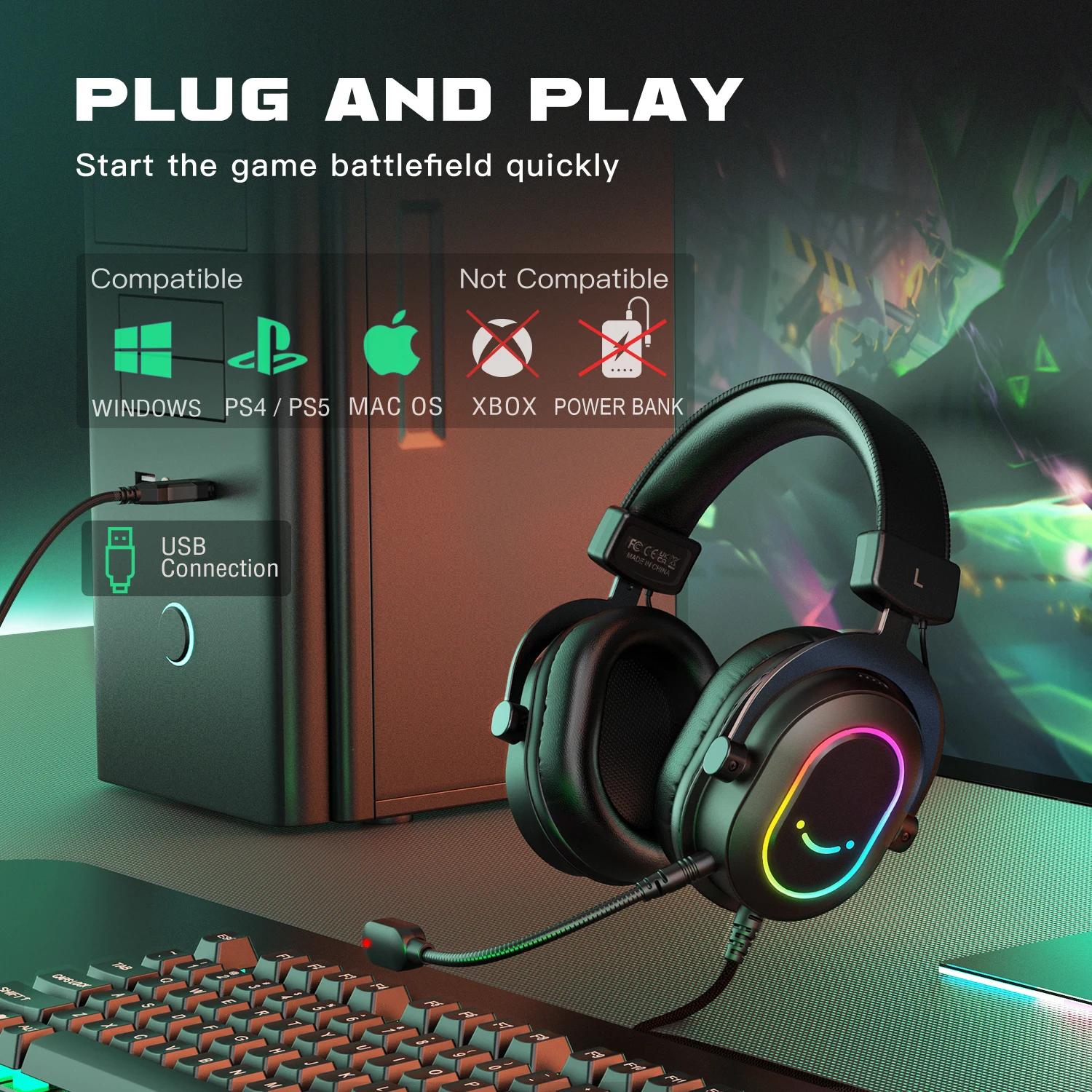 Fifine – casque de jeu dynamique RGB, avec micro, sur-oreille, son Surround 7.1, PC PS4, PS5, 3 Opti