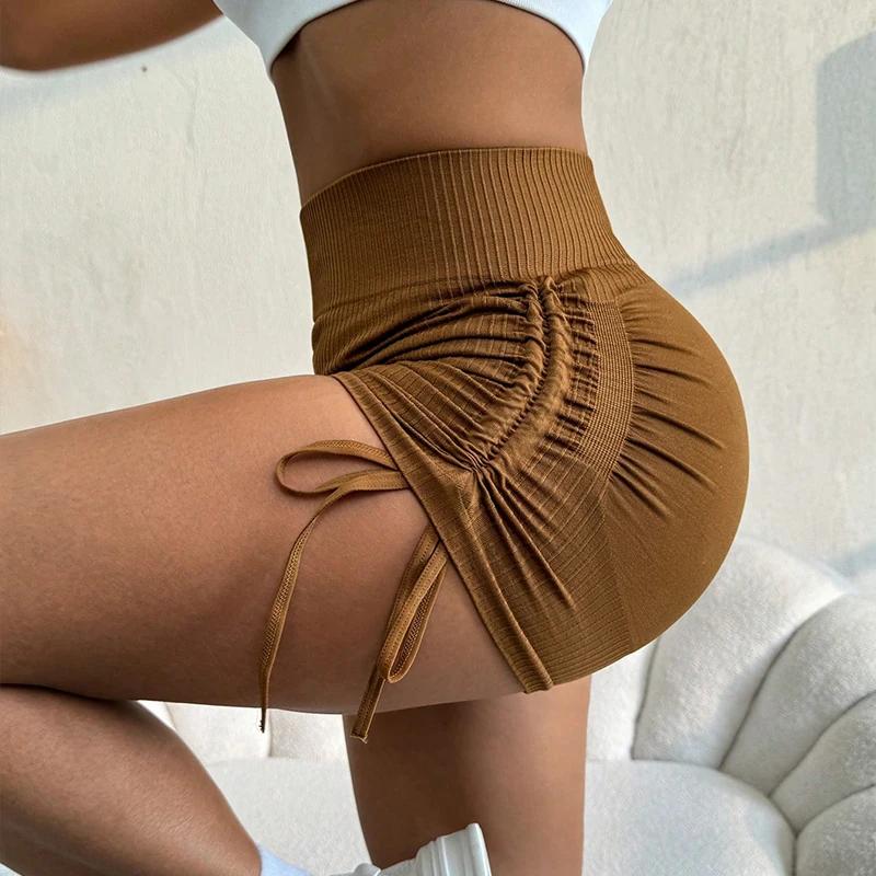 Short d'entraînement froissé pour femmes, taille haute, butin de levage, gymnastique, Yoga, motard