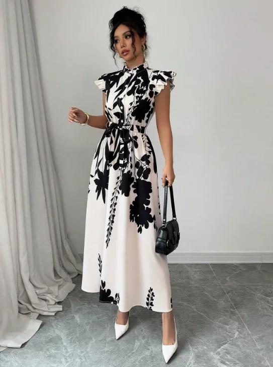 Robe élégante noire et blanche pour femme, idéale pour le travail, les rendez-vous et les vacances