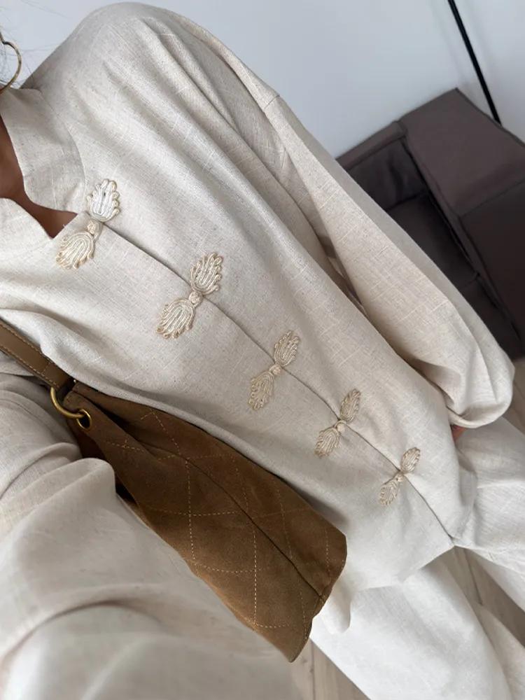 Ensemble pantalon long femme style chinois chic avec boutons grenouille, manteau à col montant simpl