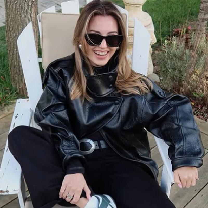 HXAO Veste bombardier asymétrique en simili cuir pour femme, courte, noire, surdimensionnée, à la mo