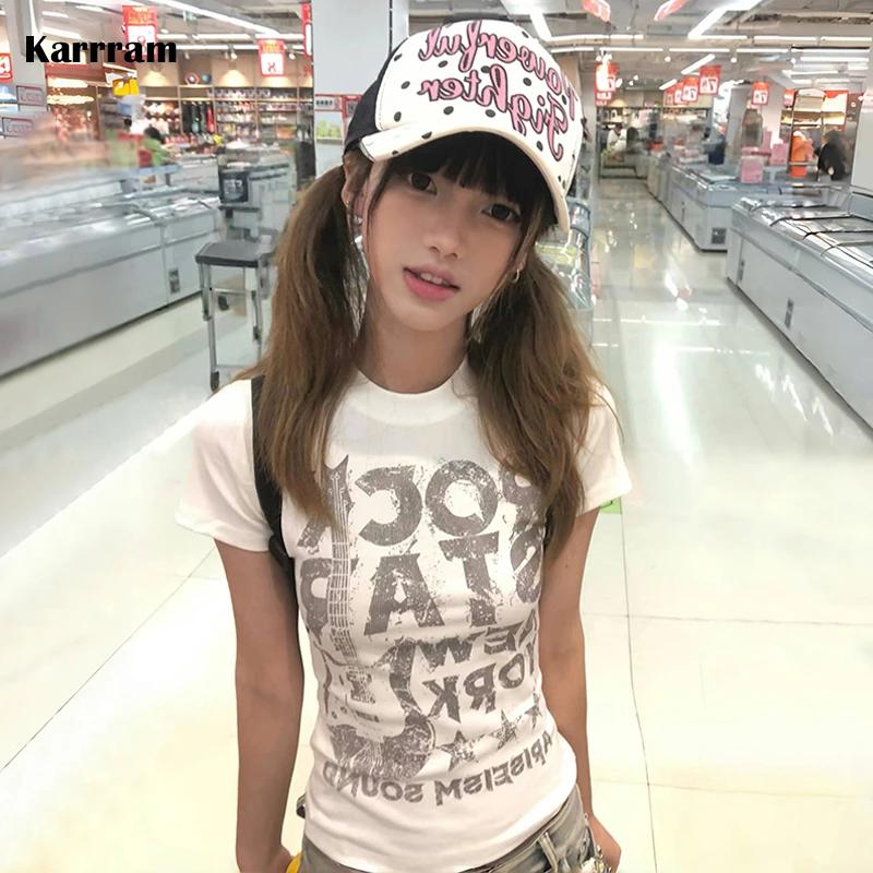 Karrram japonais Y2k lettre impression T-shirt 2000s Style à manches courtes haut court Vintage Hara