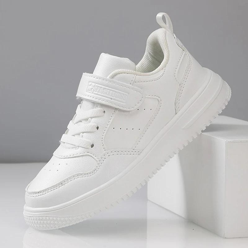 Baskets école garçons filles cuir confortables - Chaussures plates noires blanches antidérapantes pour marche