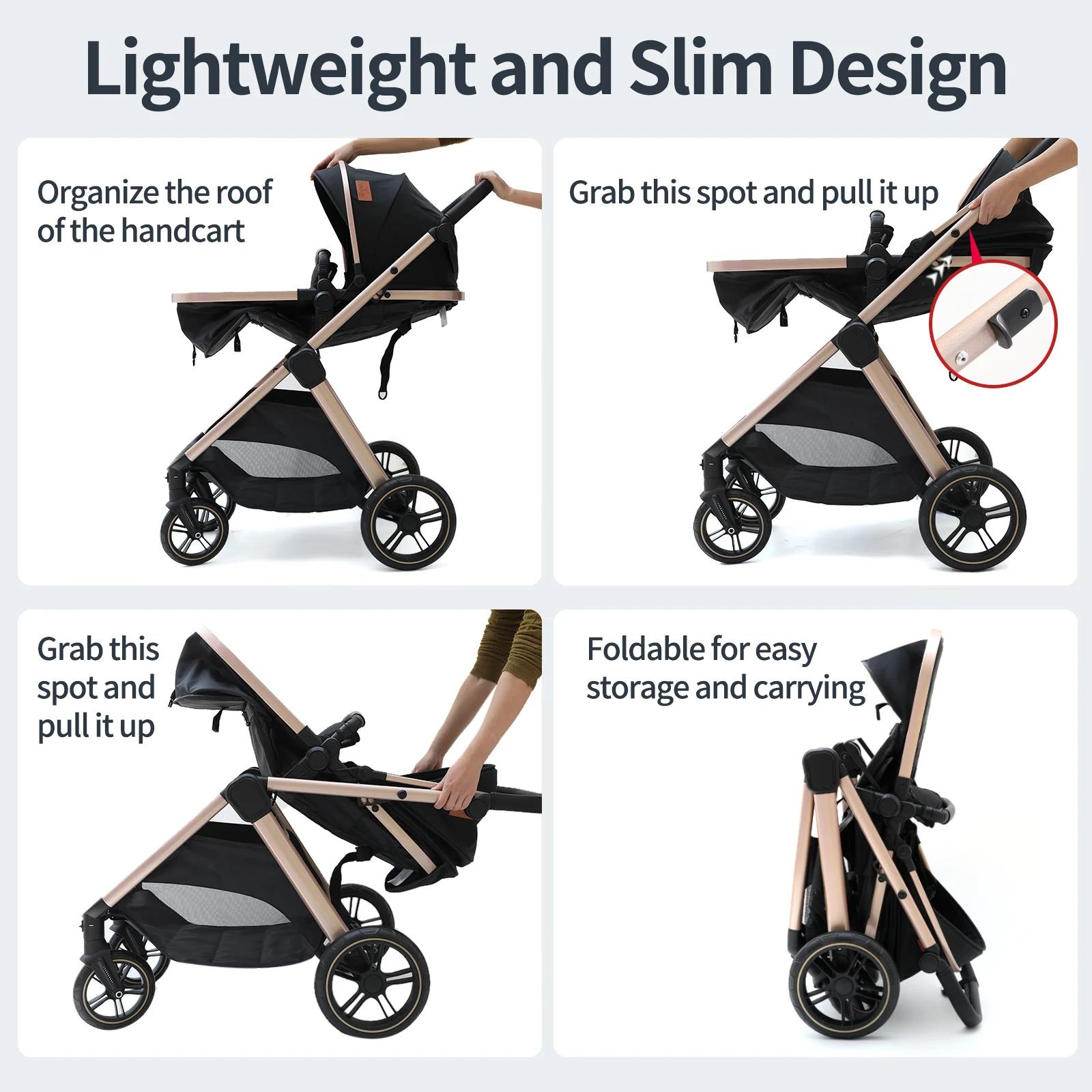 Poussette bébé 3 en 1, landau léger, poussette pliable, système de voyage, poussette multifonctionne