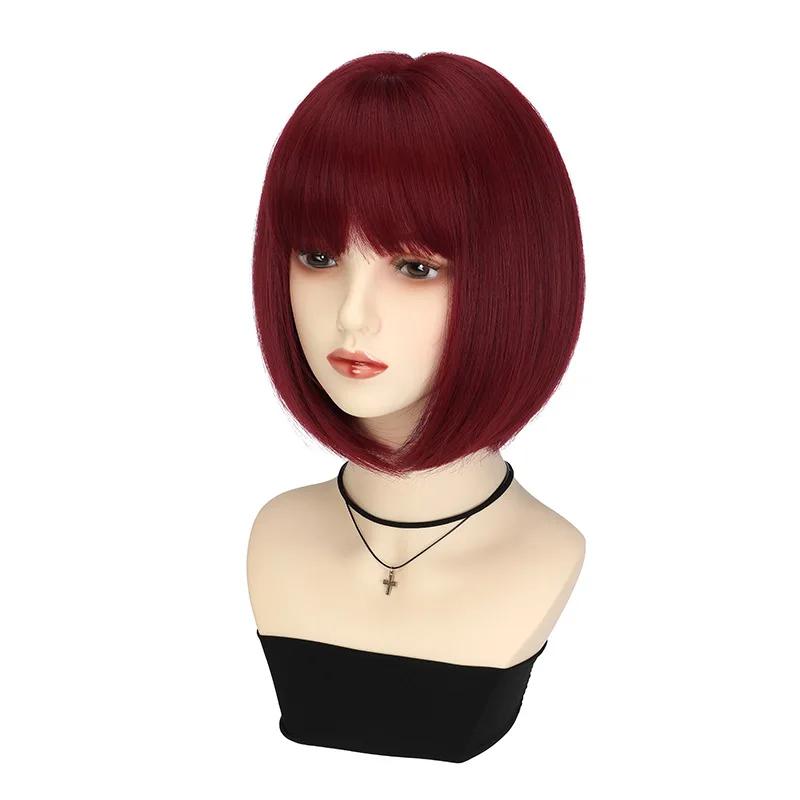 Perruque synthétique de coiffure bob rouge vin à la mode pour la fête, perruque de cosplay d'Hallowe