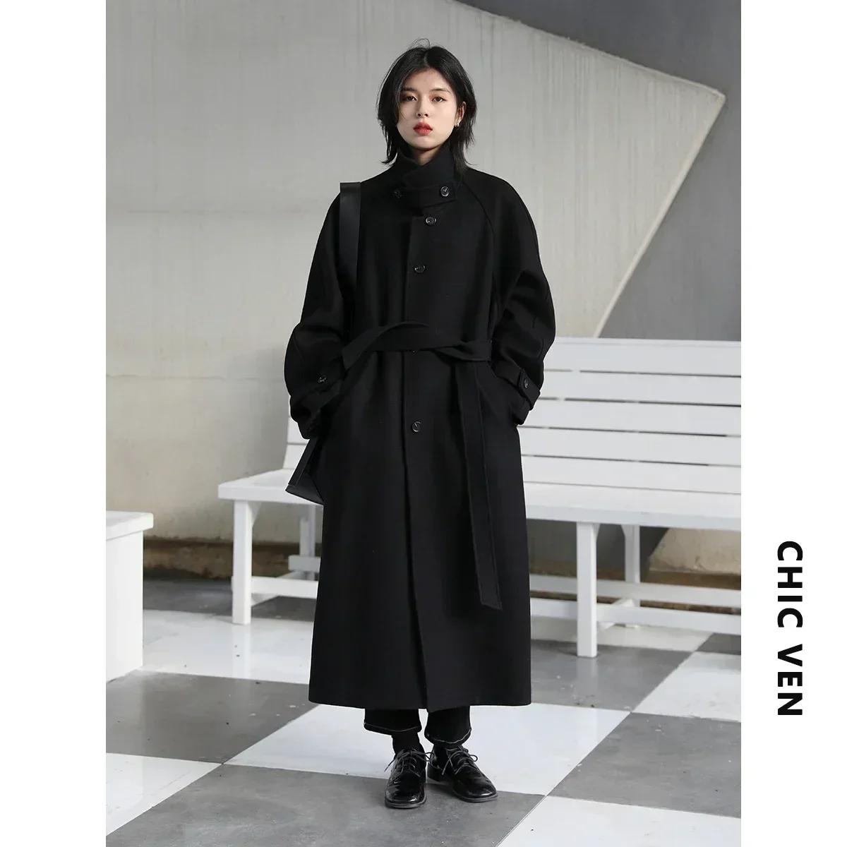 CHIC VEN-Long manteau trench pour femme, manteau en laine à lacets, pardessus à manches Leurs lan, c