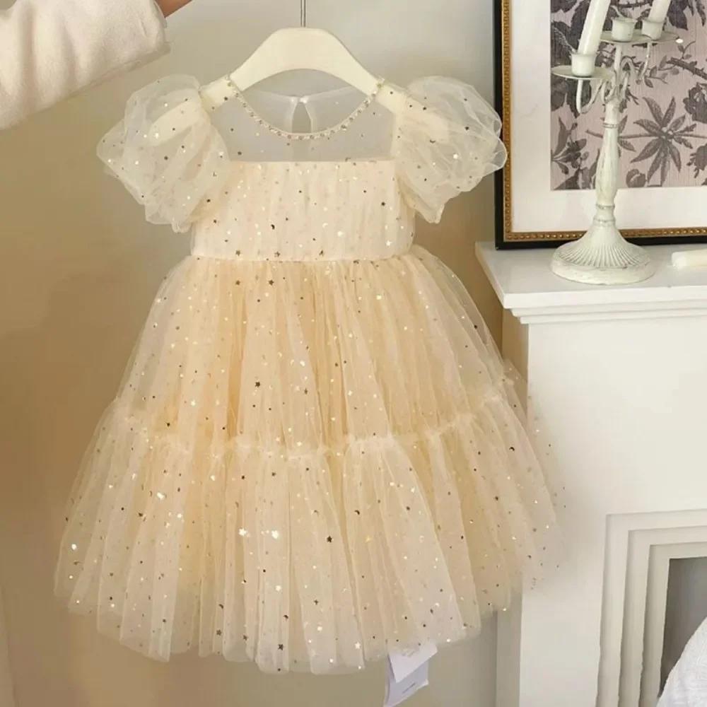 Bear Leader – robe d'été décontractée pour filles, tenue de princesse en maille à paillettes, manche